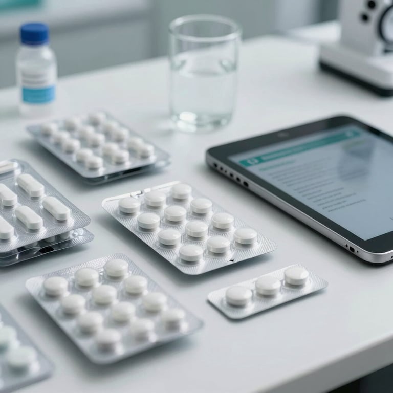 Close-up of organized pharmaceutical packaging and a digital tablet on a clean white desk in a Brazilian medical office.