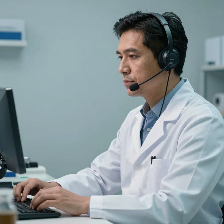 A South American pharmacist in a professional white coat wearing a headset, working in a clean studio with soft light blue lighting.