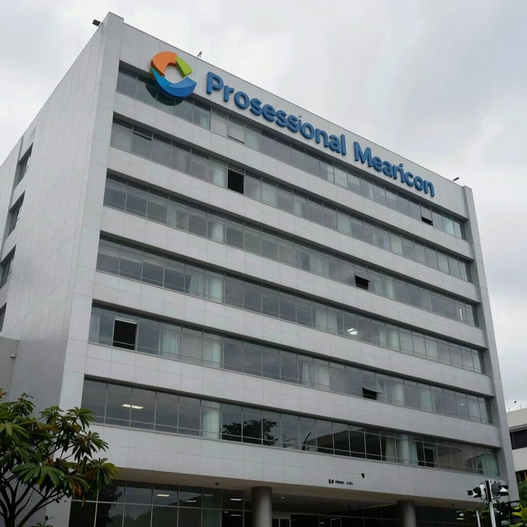 Exterior view of a modern South American corporate building representing the headquarters of a professional health service company.