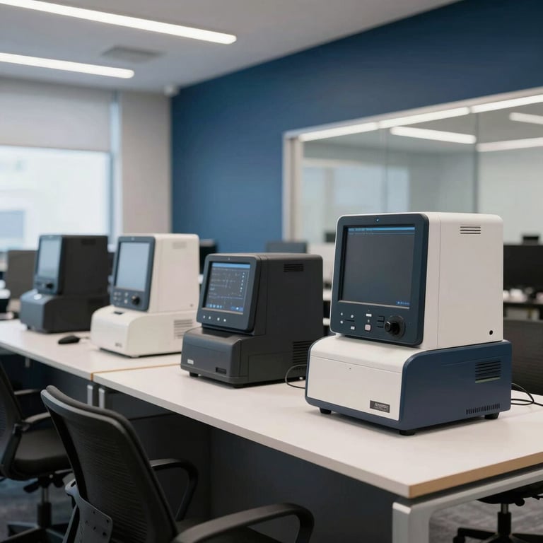 A modern, clean office space with high-tech equipment and a professional atmosphere, using a palette of dark blue and off-white.