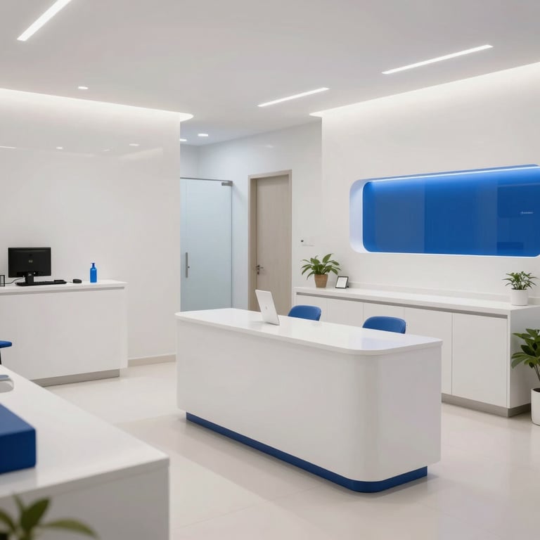 Modern reception area of a Brazilian clinic, minimalist white furniture with blue decor.