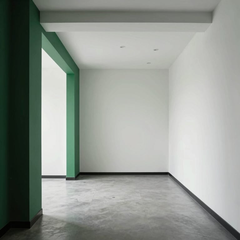 Interior of a minimalist consultation room with white walls and green architectural accents.