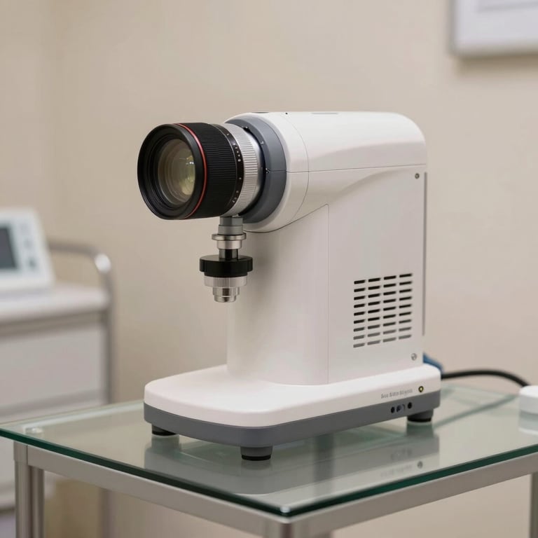 High-tech skincare equipment placed on a glass table in a South American / Brazilian medical suite.