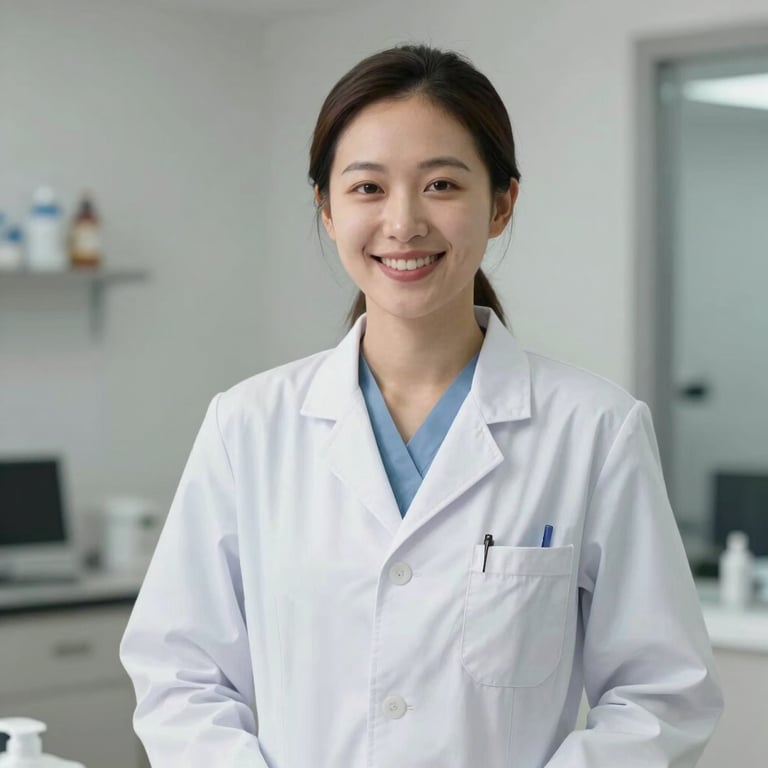 A professional aesthetic therapist in a clean lab coat smiling in a bright clinic setting.