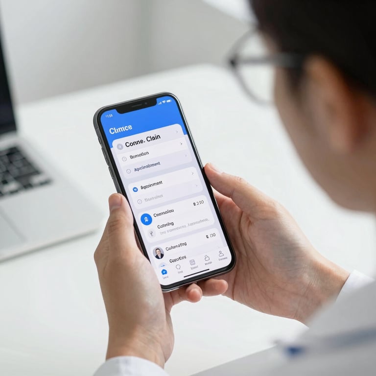 A professional using a smartphone to manage clinic appointments, bright natural lighting.