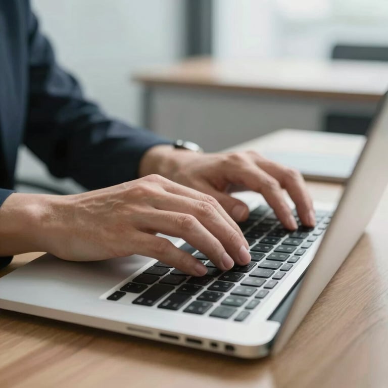 Close-up of hands typing on a sleek laptop in a bright, modern administrative office.