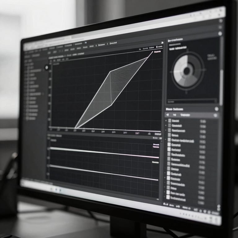 Close-up of a digital analytics interface on a physical monitor, sharp geometric lines, cold natural light, high contrast monochrome.