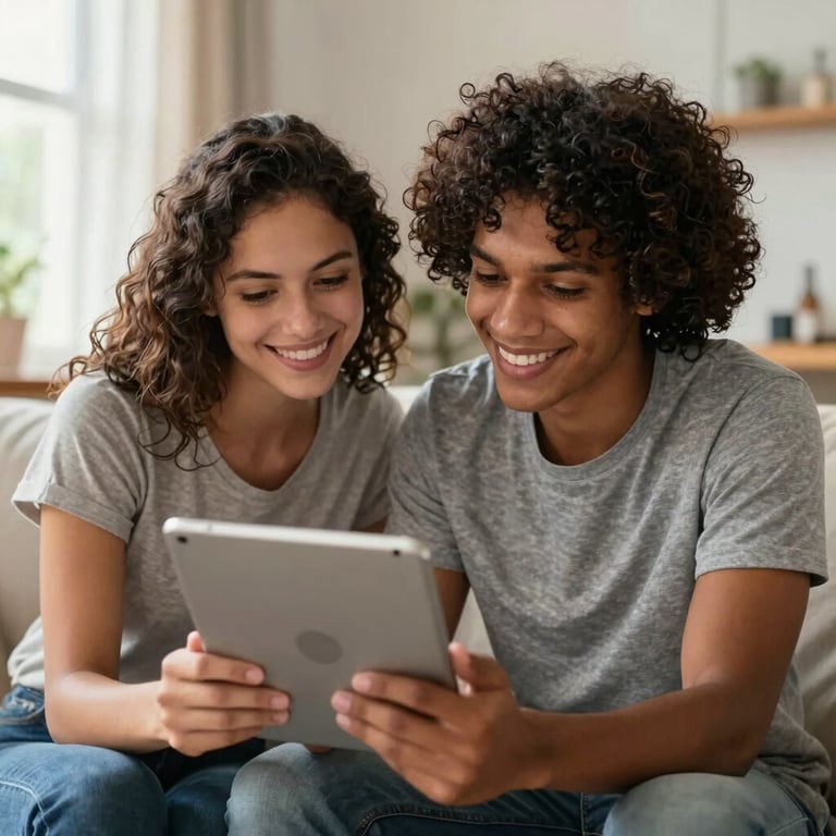 A young Brazilian couple looking at a tablet together in a sunlit living room, planning their finances with a smile.