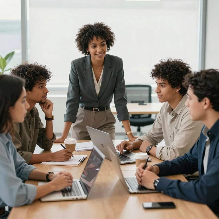 A group of diverse Brazilian professionals in a collaborative meeting inside a bright, modern office.