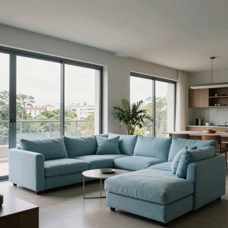 Interior of a modern, minimalist Brazilian apartment with large windows and light blue furniture accents.