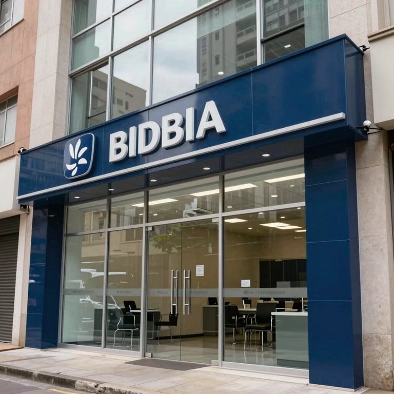 A clean, modern bank branch exterior in a Brazilian metropolitan area, featuring glass and dark blue steel architecture.