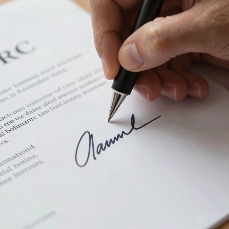 Detail of a professional signature being placed on a clean contract document, soft natural lighting.