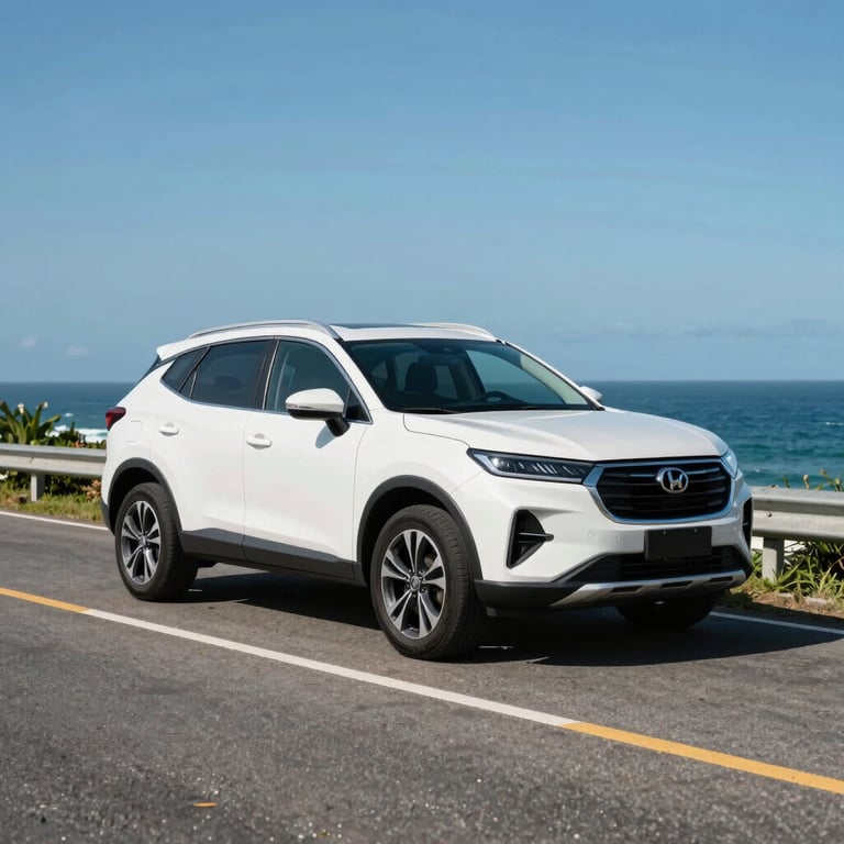 A modern white SUV parked on a scenic coastal road in Brazil, bright sunlight, steel blue sky in the background.