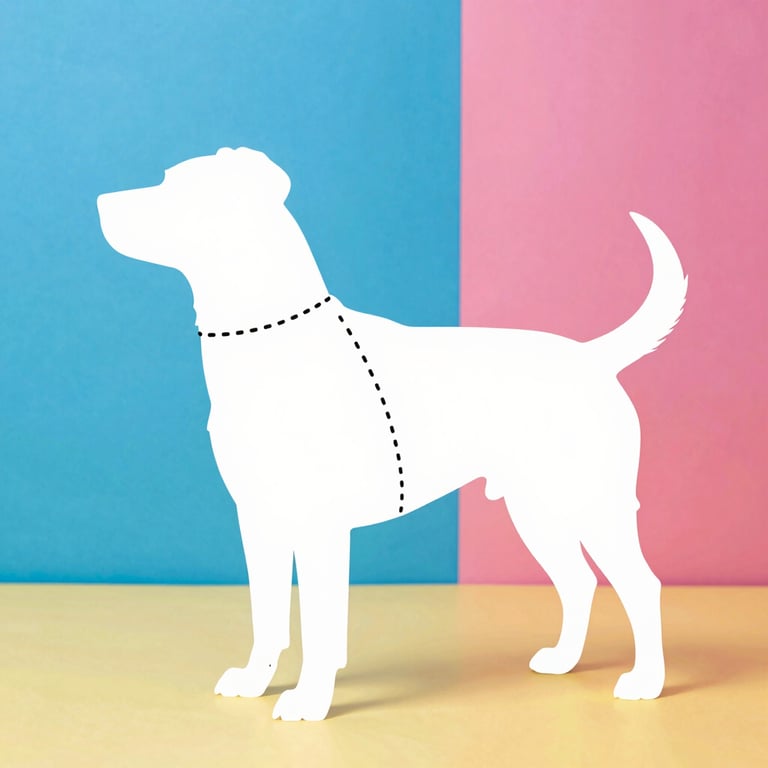 A clean graphic illustration of a dog silhouette with dotted lines showing where to measure neck, chest, and back length, bright contrast.