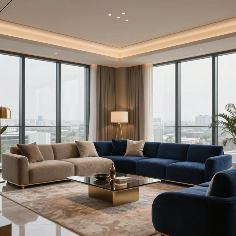 High-end luxury apartment living room interior in the Middle Eastern / Gulf region, floor-to-ceiling windows, modern furniture in warm sand and deep navy blue tones, subtle gold lighting.