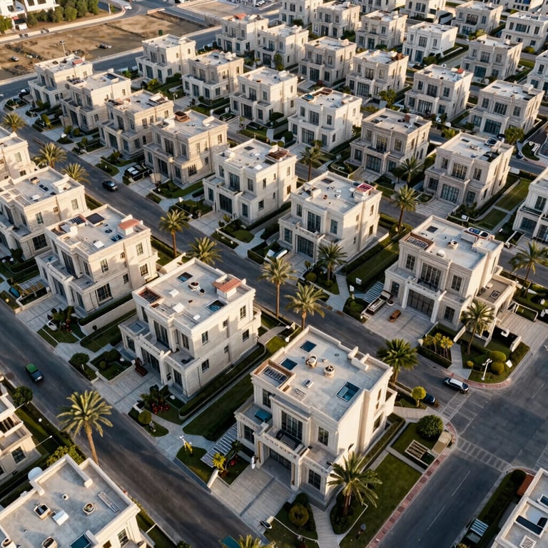 Aerial wide photography of a prestigious master-planned gated residential community in the Middle Eastern / Gulf region, green landscaping and modern luxury villas.