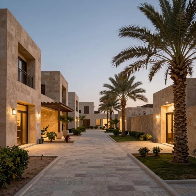 Modern residential courtyard at twilight, soft lighting along stone walkways, palm trees, warm sand tones in the Middle Eastern / Gulf region.