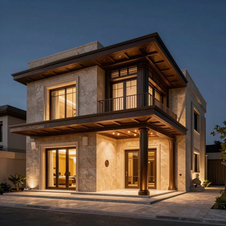Luxurious villa exterior showcasing modern Middle Eastern architectural elements, deep navy dusk sky backdrop, warm bronze lighting on stone facade.