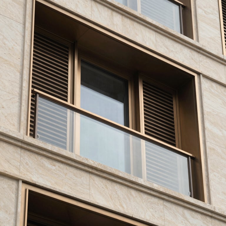 Close-up architectural photography detailing a high-rise balcony with bronze louvers, light sand stone finishes, high-end luxury real estate design.