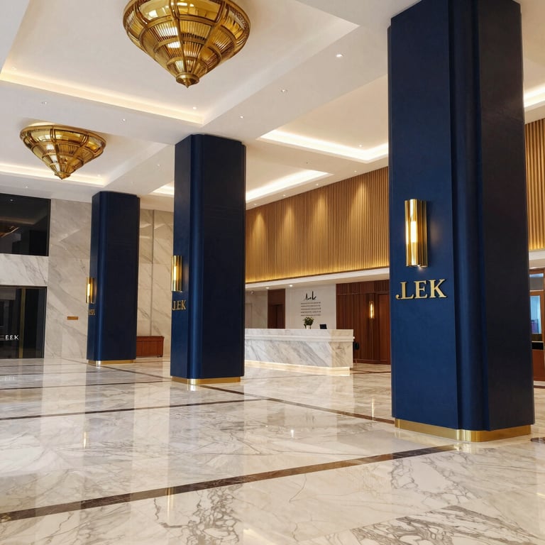 Sleek corporate lobby of a real estate development company in the Middle Eastern / Gulf region, marble flooring, gold decorative lighting, deep navy columns.