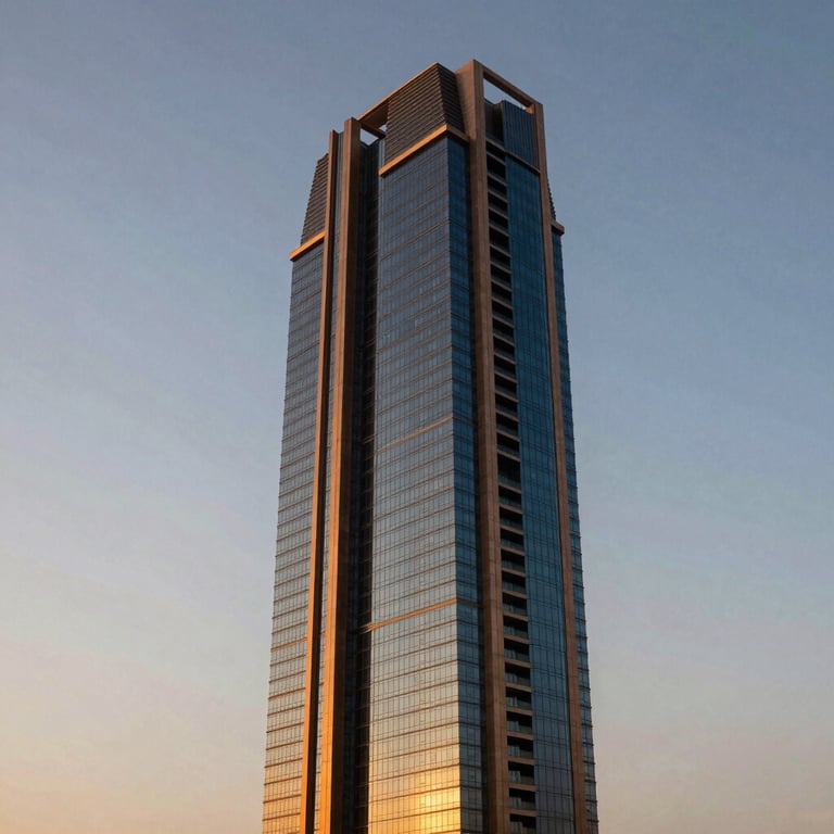 Architectural exterior shot of a modern luxury residential tower in the Middle Eastern / Gulf region, warm golden sunlight reflecting on glass windows, elegant warm bronze structural accents.