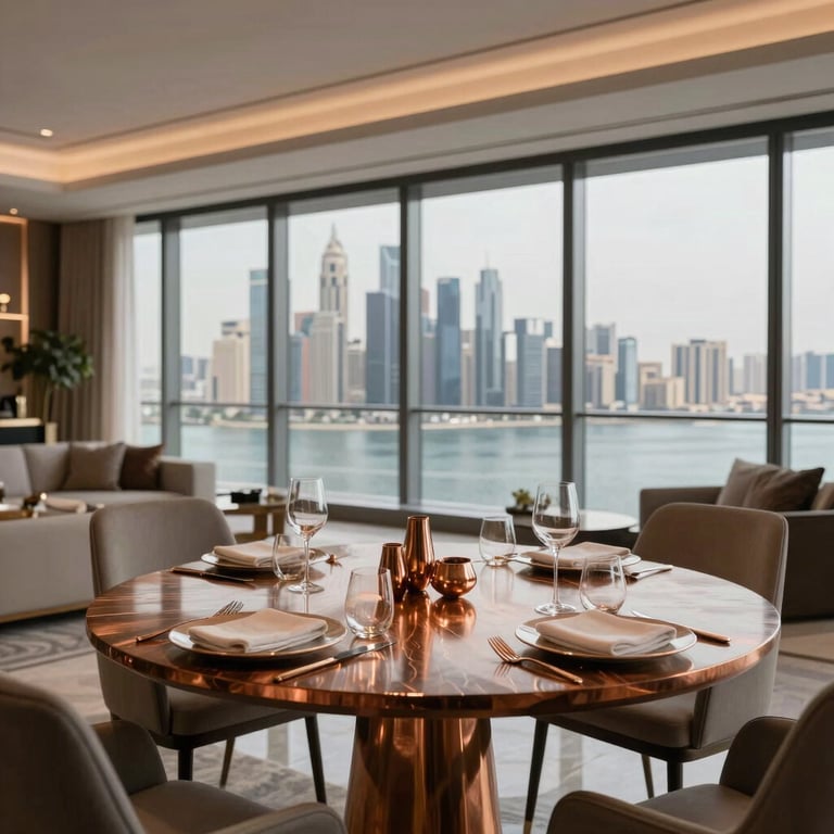Interior view of a luxury penthouse dining area, modern table setting, warm bronze accents, panoramic city skyline view in the Middle Eastern / Gulf region.