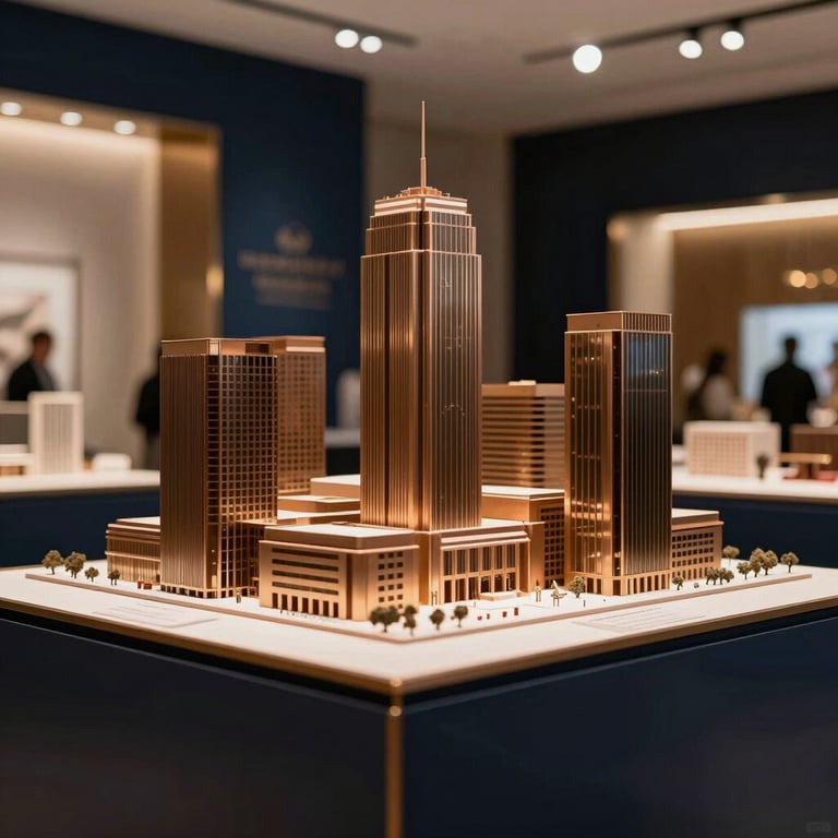 Architectural physical model presentation in a luxury real estate showroom, high-end finishes, warm bronze and dark navy elements in the Middle Eastern / Gulf region.