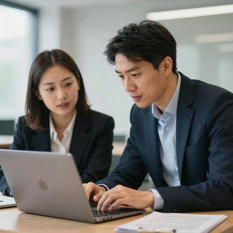 Two professionals in a deep conversation over a laptop, showcasing the mentorship and personal development aspect of the institute.