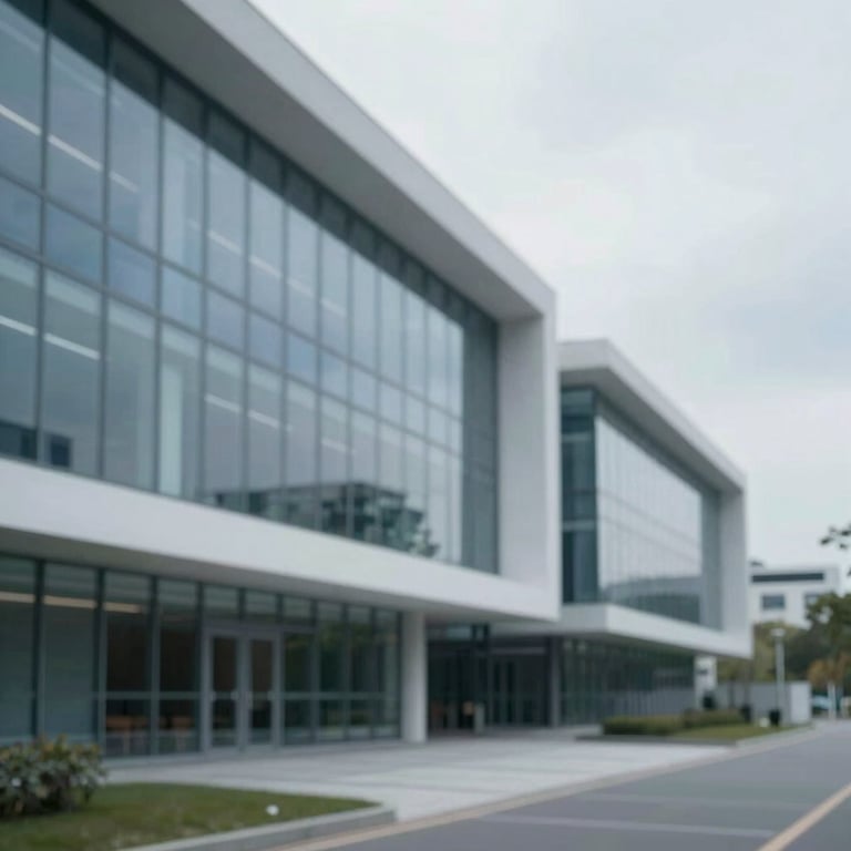 Abstract architectural lines of a modern training center, featuring glass and steel with a clean, authoritative feel, incorporating #AEC2D6 tones.