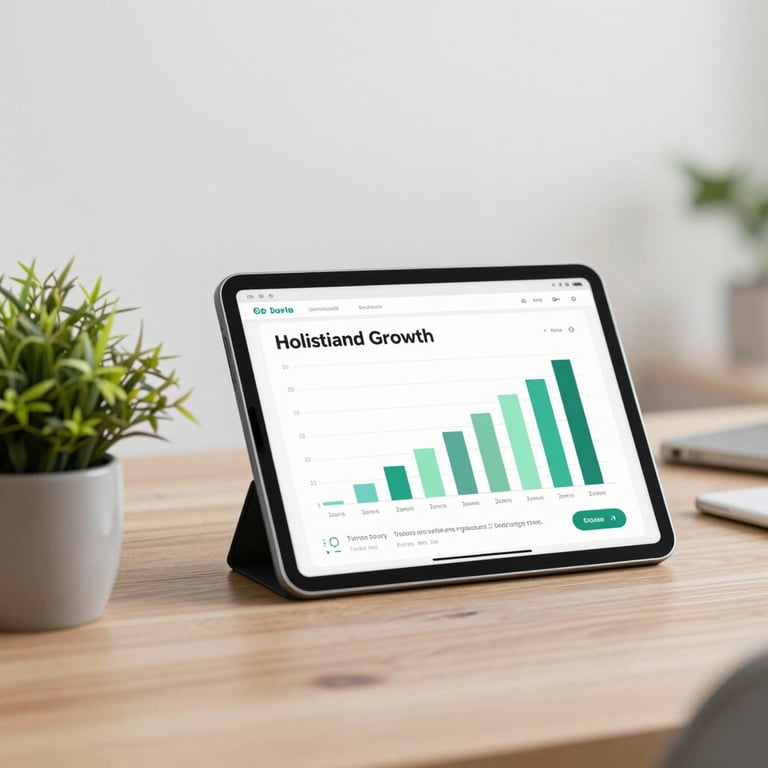 A serene workspace with a small green plant and a tablet showing a progress chart, representing holistic and organized growth.