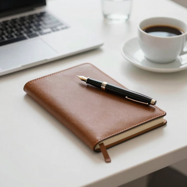 A tidy desk with a leather notebook and a fountain pen next to a cup of coffee, signifying planning and focus, in a professional setting.
