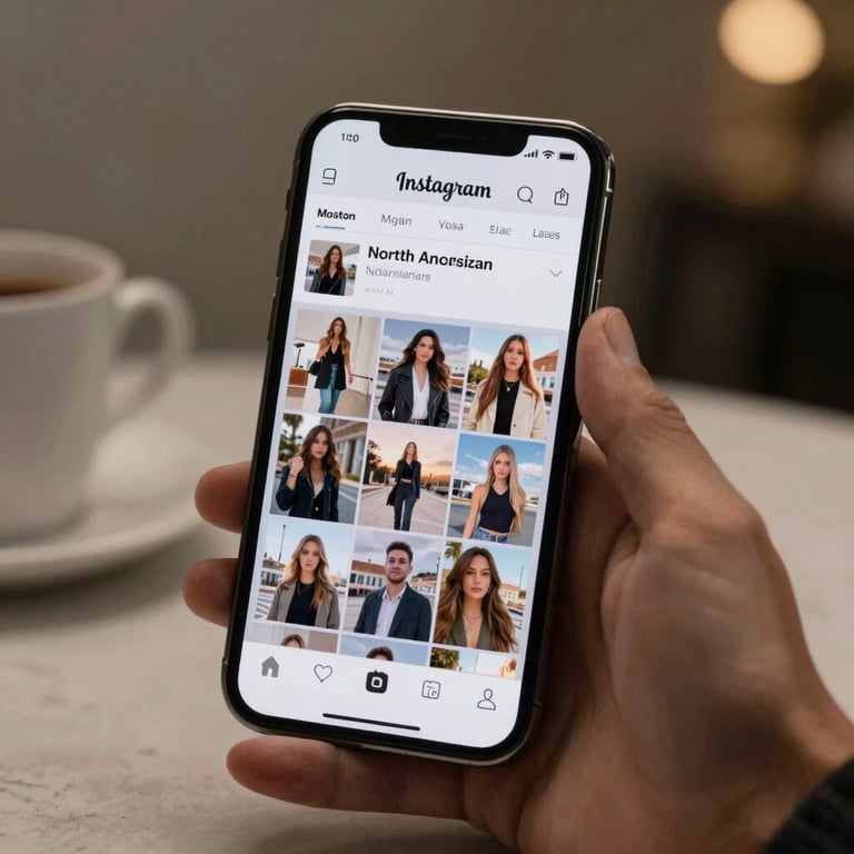 A premium lifestyle shot of a modern smartphone showing a clean Instagram feed in a luxury North American setting.