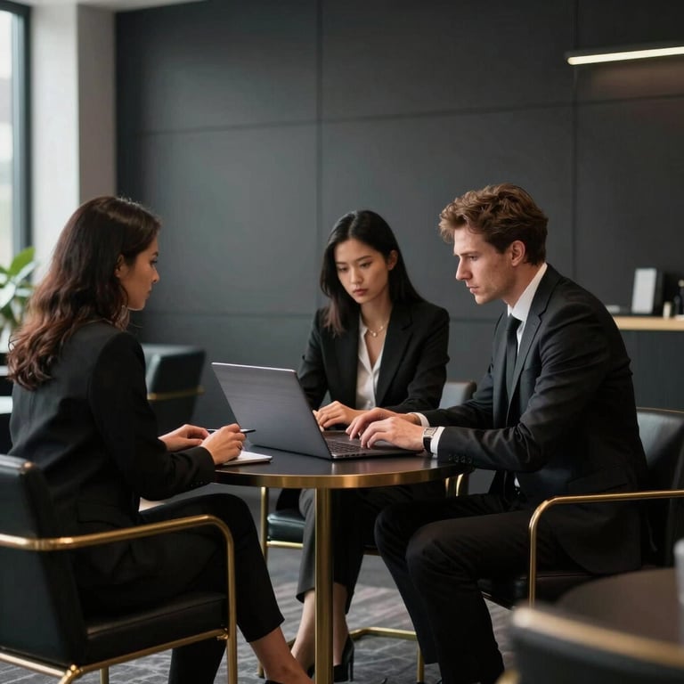 Detailed photography of a minimalist black and gold business lounge where professionals collaborate on a high-end laptop.