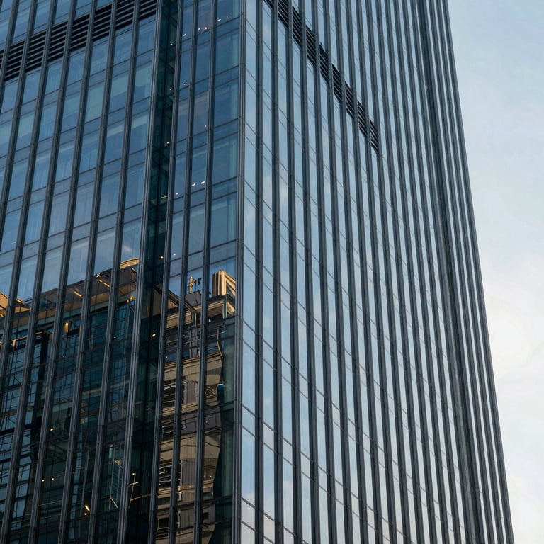 Abstract architectural shot of a modern glass skyscraper reflecting a clear sky, representing global business scale.