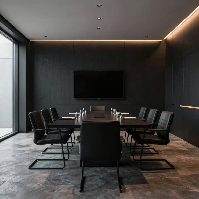 A sophisticated North American meeting room featuring minimalist design, matte black finishes, and subtle warm lighting.