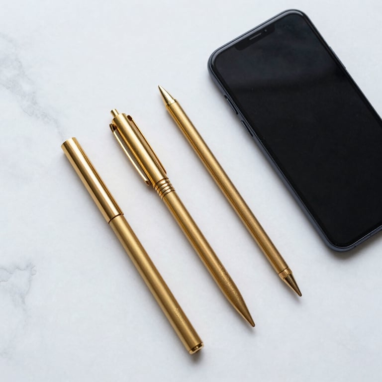 High-end flat lay of gold office stationery and a black smartphone on a textured white marble surface.