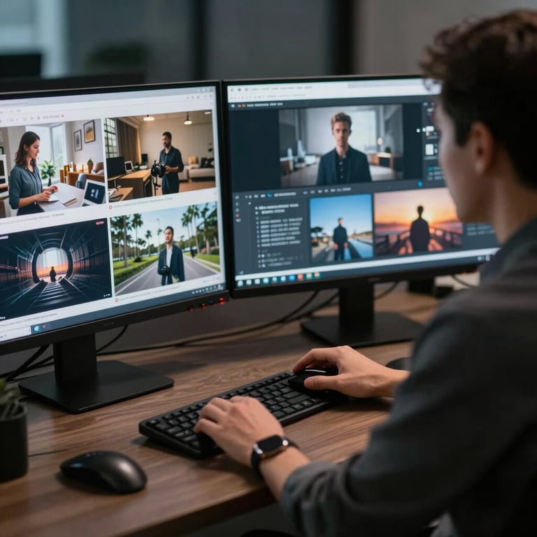 A sleek, professional designer reviewing premium video ad creatives on a dual-monitor setup in a dark-themed office.