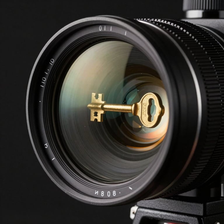 Extreme close-up of an anamorphic cinema lens, reflection of a golden key light on the glass, dark studio background, ultra-high-end production equipment.