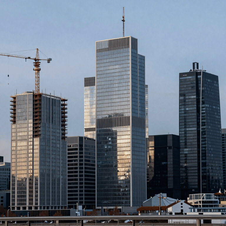 A modern steel and glass bridge in a French city, architectural photography, bright daylight, Dark Navy and Silver Grey accents.