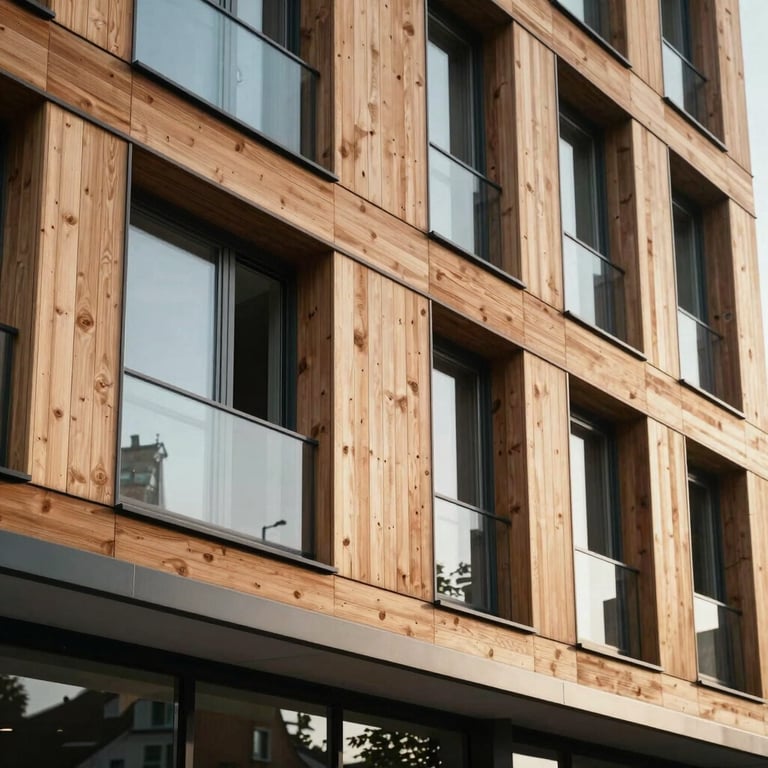 Close-up of a modern building facade with sustainable wooden panels and large glass windows in a European suburb.