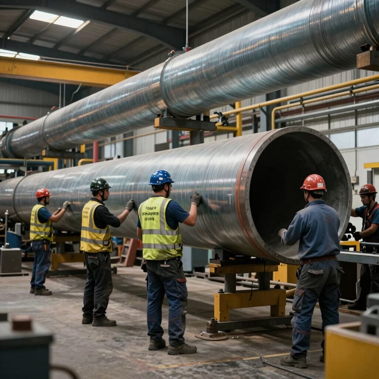 A crew of workers in a French / European industrial site installing large hydraulic pipes, dynamic composition, professional lighting.