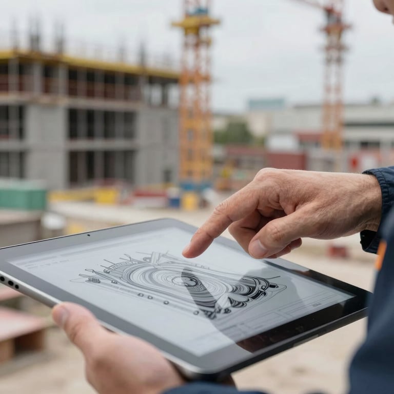 A detail shot of an engineer's hands pointing at a 3D model on a tablet, with a blurred construction site in the background, French / European setting.