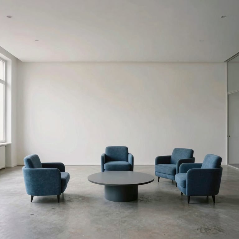 An interior shot of a newly constructed minimalist office space in Paris, high ceilings, Off-White walls, Slate Blue furniture.