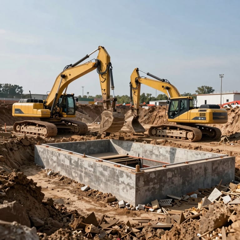 A large-scale excavation site for a new infrastructure project in a French region, showing heavy machinery and solid foundations.