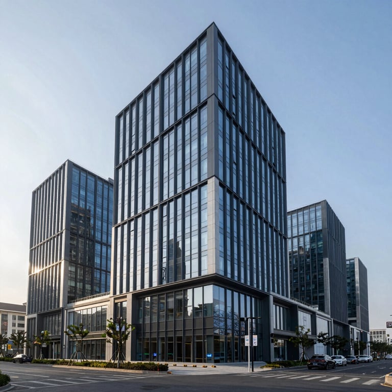 A wide shot of a newly completed commercial complex with a contemporary corporate design and dark blue glass panels.