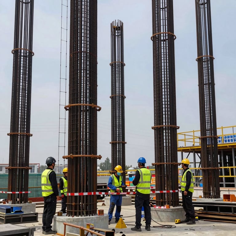 A heavy-duty industrial site construction with reinforced steel pillars and a professional team on-site.