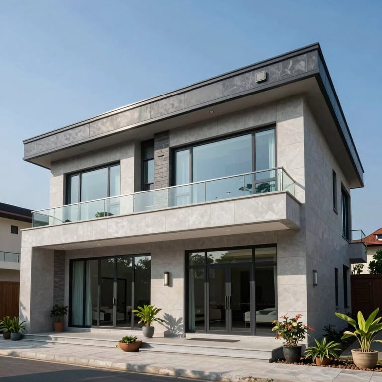 Exterior of a luxury modern villa in Mysuru with large glass windows and grey stone accents under a clear blue sky.