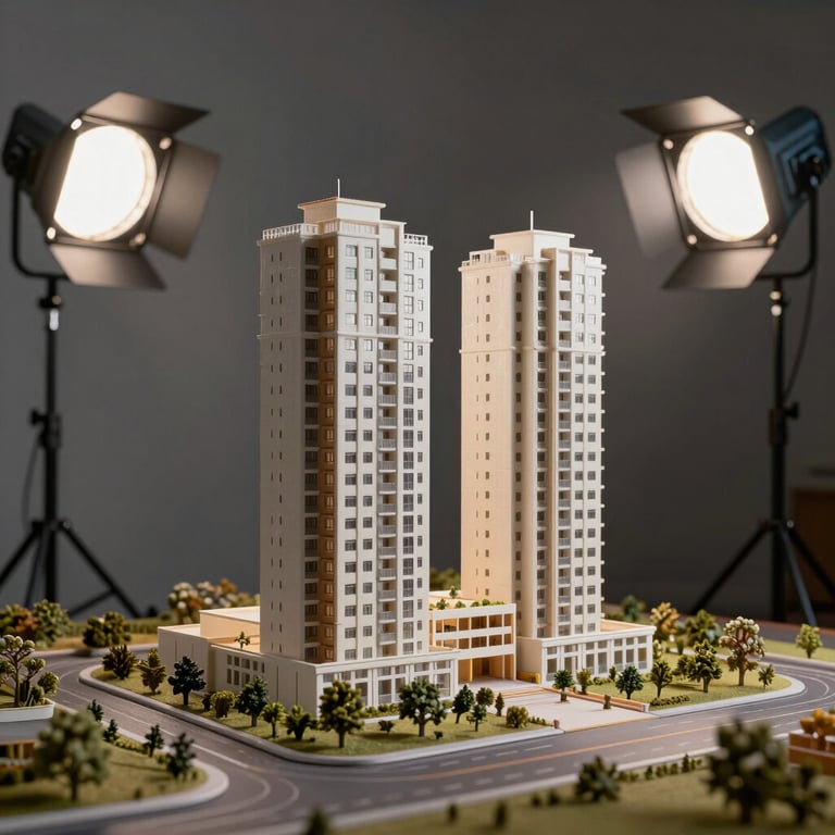 Architectural model of a proposed apartment complex in Mysuru, lit with professional studio lighting.