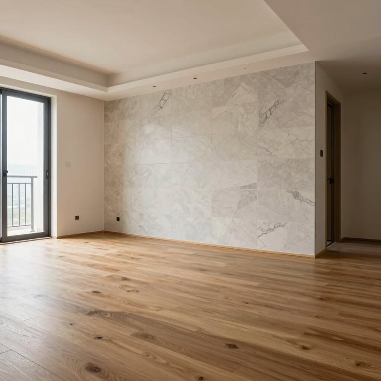 Interior of a premium residential apartment showing high-quality flooring and expert masonry work.