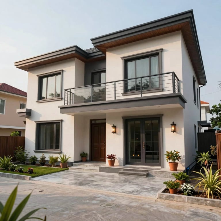 A beautifully landscaped home renovation project in a South Asian urban setting, showcasing modern exterior finishes.
